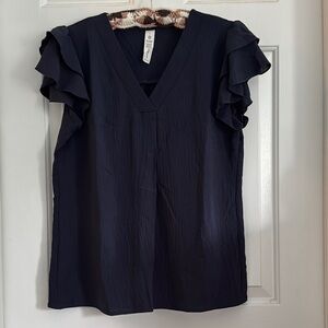 Navy Ruffle Sleeve V-Neck Top